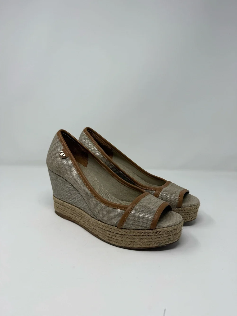 Tory Burch Taupe and Tan Espadrille Wedge Peep-Toe
